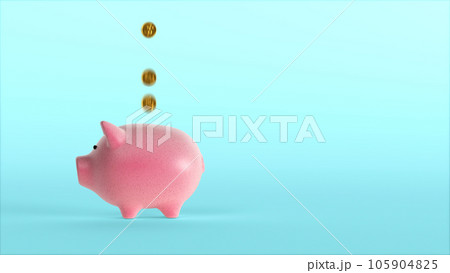 Pink Piggy Bank on teal background and golden coins 3d render Pink Piggy Bank on teal background and golden coins 3d render 105904825
