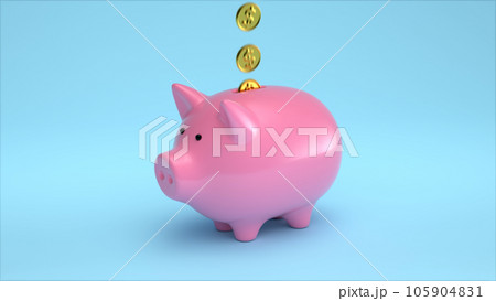Pink Piggy Bank on teal background and golden coins 3d render Pink Piggy Bank on teal background and golden coins 3d render 105904831