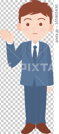 年輕男性上班族_舉起一隻手，微笑地向左方向示意_全身 105905430
