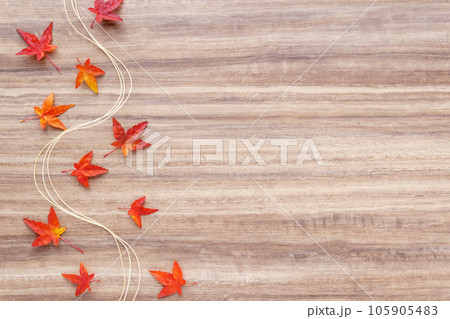 天然の紅葉したモミジの葉と水引の木目背景 105905483