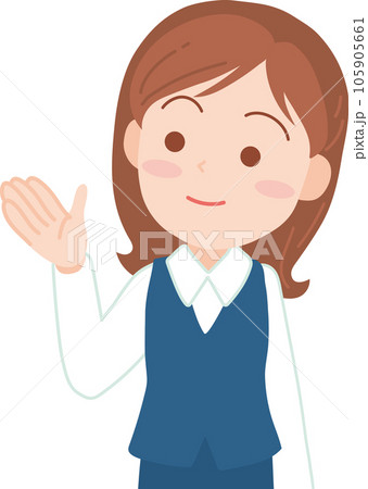若手女性会社員_片方の手をあげてにこやかに左方向を指し示す_上半身 105905661