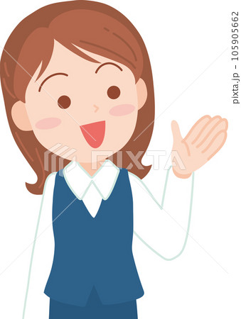 若手女性会社員_片方の手をあげてにこやかに右方向を指し示す_上半身 105905662
