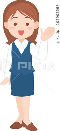 若手女性会社員_左の手をあげてにこやかに立つ_全身 105905667