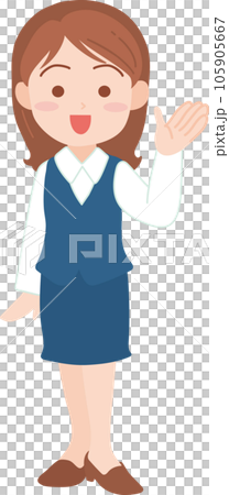 年輕女上班族_舉起左手微笑站立_全身 105905667