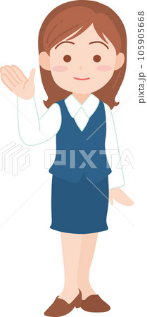 若手女性会社員_右の手をあげてにこやかに立つ_全身 105905668