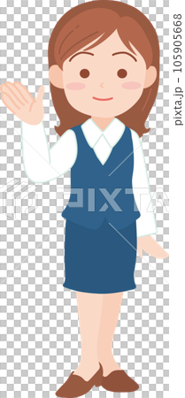 年輕女上班族_舉起右手微笑站立_全身 105905668
