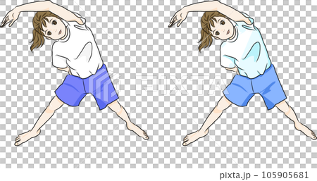 A girl who exercises to stretch her arms sideways in a gymnastics class or physical education 105905681