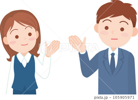 若手会社員男女_両側から中央を指し示す_普通の表情_上半身 105905971