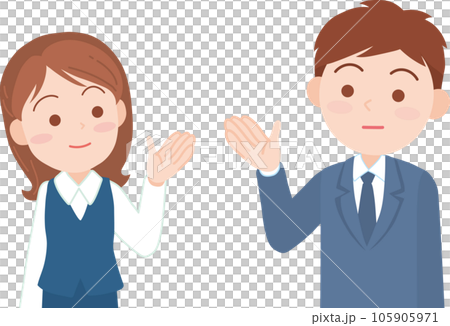 若手会社員男女_両側から中央を指し示す_普通の表情_上半身 105905971