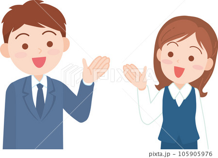 若手会社員男女_両側から中央を指し示す_笑顔_上半身 105905976