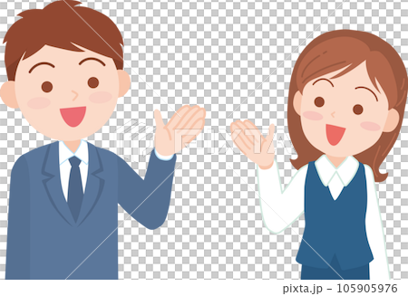 若手会社員男女_両側から中央を指し示す_笑顔_上半身 105905976