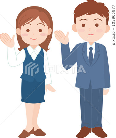 若手会社員男女_片手をあげて左がわを指し示す_全身 105905977