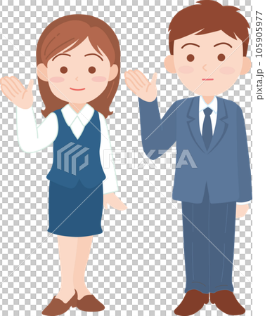 若手会社員男女_片手をあげて左がわを指し示す_全身 105905977