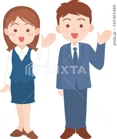 若手会社員男女_片手をあげて右がわを指し示す_全身 105905980