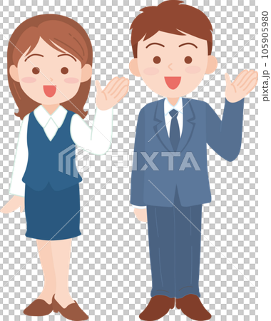 若手会社員男女_片手をあげて右がわを指し示す_全身 105905980