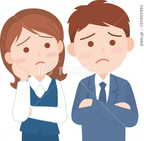 若手会社員男女_困る_困惑_考える_悩む_上半身 若手会社員男女_困る_困惑_考える_悩む_上半身 105905992