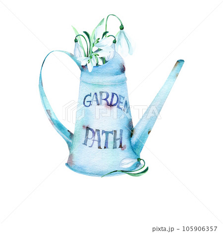 Watercolor retro composition: vintage watering can with snowdrops 105906357