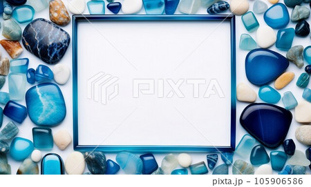 Frame of crystals and gem stones, sea glass, blue and pink colors Frame of crystals and gem stones, sea glass, blue and pink colors 105906586