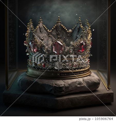 a crown with encrusted diamonds and rubies in a display case held up my metal supports, spotlights -  Generative AI 105906764