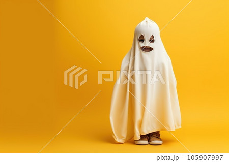 Happy Halloween, Cute little kid in ghost costume on isolated background. Happy Halloween, Cute little kid in ghost costume on isolated background. 105907997