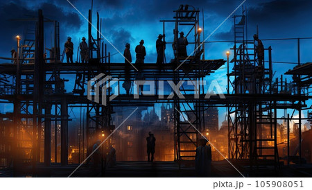 Silhouettes of construction workers on scaffolding at night 105908051
