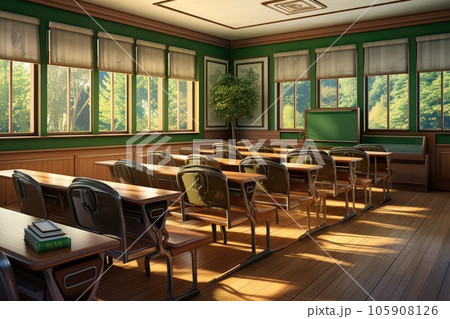 Classroom interior with chairs and green walls. Classroom interior with chairs and green walls. 105908126