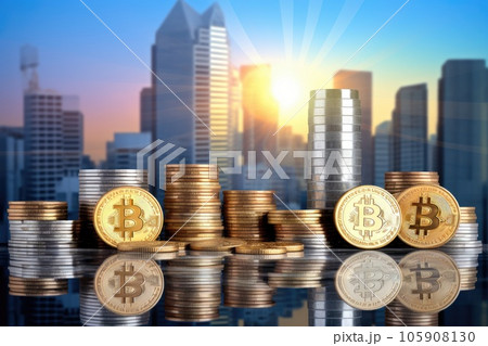 Stack of bitcoin coins with cityscape background, business and finance concept 105908130