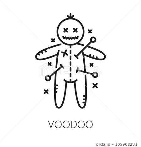 Voodoo witchcraft and magic icon. Mystery, esoteric, astrology symbol. Witchcraft object or sorcery curse linear vector symbol black magic thin line icon or sign with voodoo doll pierced by pins 105908231