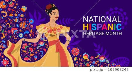 Dancing woman and tropical flowers on national hispanic heritage month festival banner. Vector background features female character flamenco dancer wear traditional dress and colorful blooms Dancing woman and tropical flowers on national hispanic heritage month festival banner. Vector background features female character flamenco dancer wear traditional dress and colorful blooms 105908242
