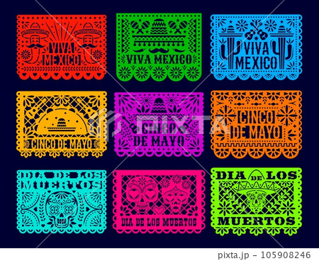 Papel picado mexican dia de los muertos holiday flags, day of the dead paper cut banners. Isolated vector laser cutting templates, traditional Mexico decoration with floral pattern, skulls, peppers 105908246