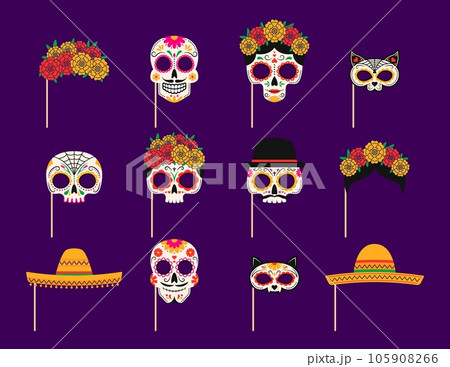 Mexican day of dead photo booth masks with props. Dia de los muertos holiday party masks. Vector calavera sugar skulls, sombrero hat, flower wreaths and cat head with intricate and vibrant details 105908266