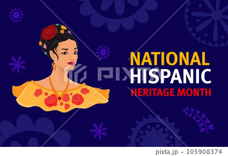 National hispanic heritage month banner with woman dance character. Vector background features female character flamenco dancer portrait. Celebrating cultural diversity and contributions Spain country National hispanic heritage month banner with woman dance character. Vector background features female character flamenco dancer portrait. Celebrating cultural diversity and contributions Spain country 105908374