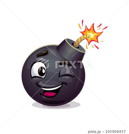 Cartoon bomb character. Explosive, weapon personage with a mischievous wink and wide smile, featuring a burning fuse, ready to explode with comedic charm. Isolated vector playful tnt emoji 105908457