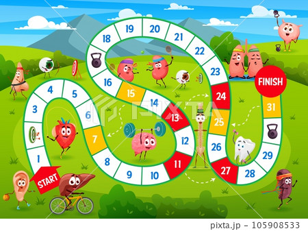 Kids board step game, cartoon human organs sportsman characters on meadow. Vector boardgame worksheet with ear, liver, heart and nose. Eyeball, brain, kidneys or lungs with spine and bladder on path 105908533