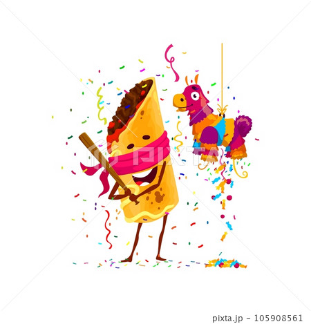 Mexican tex mex chimichanga character on holiday party. Isolated vector food personage hitting festive pinata donkey with bat admist falling colorful confetti during birthday or carnival celebration Mexican tex mex chimichanga character on holiday party. Isolated vector food personage hitting festive pinata donkey with bat admist falling colorful confetti during birthday or carnival celebration 105908561