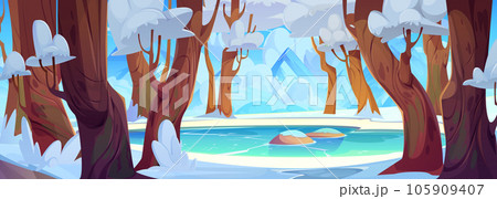 Winter forest with mountain frozen lake cartoon 105909407