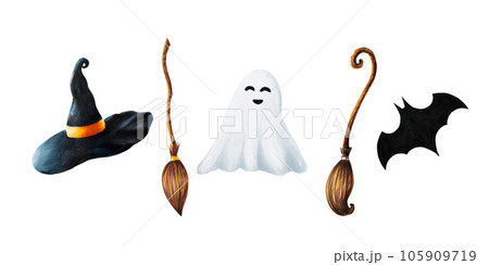Watercolor halloween witch's brooms, cute ghost, bat and hat illustration. Hand painting sketch isolated on white background. For designers, decoration, shop, for postcards, wrapping paper, covers. Watercolor halloween witch's brooms, cute ghost, bat and hat illustration. Hand painting sketch isolated on white background. For designers, decoration, shop, for postcards, wrapping paper, covers. 105909719