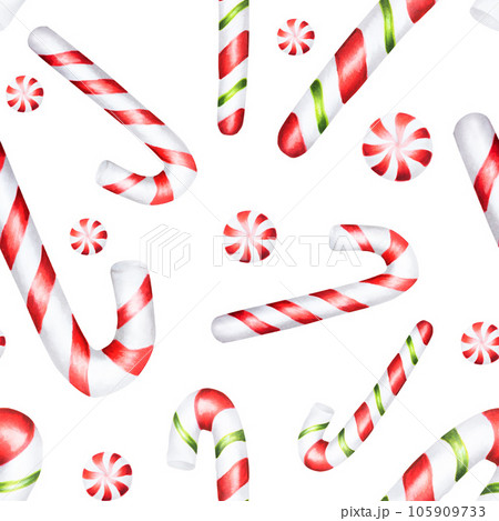 Watercolor christmas seamless pattern with candy cane illustration. New year hand painting lollipop isolated on white background. For designers, food decoration, menu, shop, for postcards, wrapping 105909733