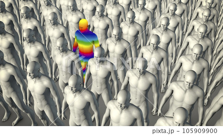 The conceptual 3D illustration portrays a clone of identical colorless people standing in an organized manner, with one person colored in rainbow colors, symbolizing LGBT inclusivity and diversity. 105909900