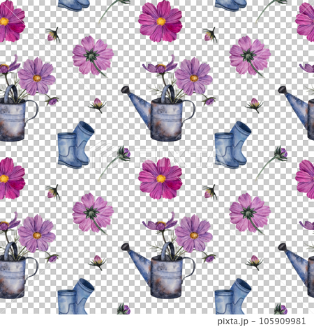 Floral seamless pattern with bouquet of cosmos flowers in metal watering can and rubber boots. watercolor illustration. Botanical pattern for fabrics, textiles, wallpapers, scrapbooking Floral seamless pattern with bouquet of cosmos flowers in metal watering can and rubber boots. watercolor illustration. Botanical pattern for fabrics, textiles, wallpapers, scrapbooking 105909981