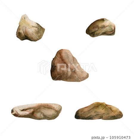 Hand drawn watercolor aquarium rocks, stones and pebbles for bed. Marine exotic underwater illustration. Isolated object on white background. Design for shops, brochure, print, card, wall art, textile Hand drawn watercolor aquarium rocks, stones and pebbles for bed. Marine exotic underwater illustration. Isolated object on white background. Design for shops, brochure, print, card, wall art, textile 105910473