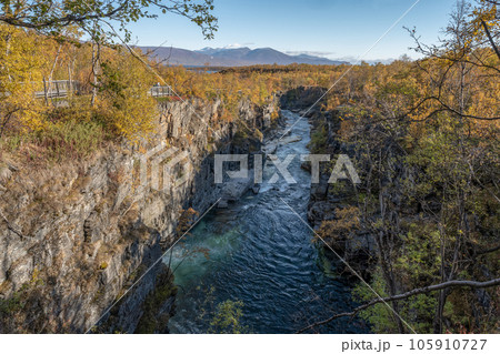 Autum Abisko Canyon River Abiskojakka National Park, Norrbottens, Norrbottens Lapland landscape north of Sweden Autum Abisko Canyon River Abiskojakka National Park, Norrbottens, Norrbottens Lapland landscape north of Sweden 105910727