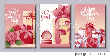 Set of cards for Happy Valentine's Day.Poster with roses, gift. Festive bright postcard, love creative concept. A4 vector illustration for banner, poster, card 105911517