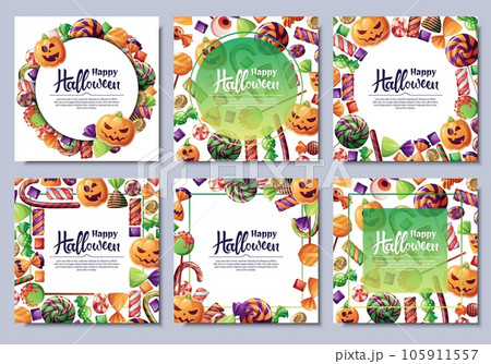 Set of vector backgrounds for Halloween invitation or greeting card. Poster, banner with with pumpkin biscuits, spooky candies, sweets, cookies, lollipops. 105911557