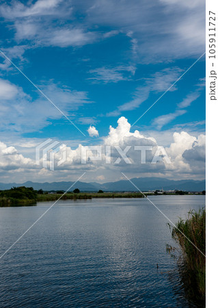伊庭内湖の水辺と真夏の空の情景 105911727