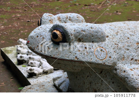 Buji Kaeru (return home safely) statue of a frog (kaeru) in Minori no Mori in Utsunomiya, Tochigi Japan, made from Oyaishi (Oya stone) from the quarries of Utsunomiya. 105911778