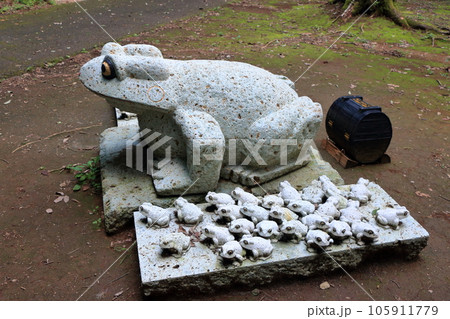 Buji Kaeru (return home safely) statue of a frog (kaeru) in Minori no Mori in Utsunomiya, Tochigi Japan, made from Oyaishi (Oya stone) from the quarries of Utsunomiya. Buji Kaeru (return home safely) statue of a frog (kaeru) in Minori no Mori in Utsunomiya, Tochigi Japan, made from Oyaishi (Oya stone) from the quarries of Utsunomiya. 105911779