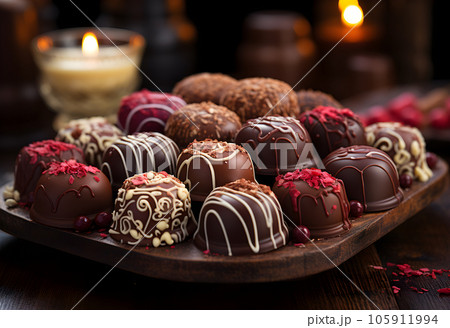 Chocolate candies on a wooden plate with candles in the background Chocolate candies on a wooden plate with candles in the background 105911994
