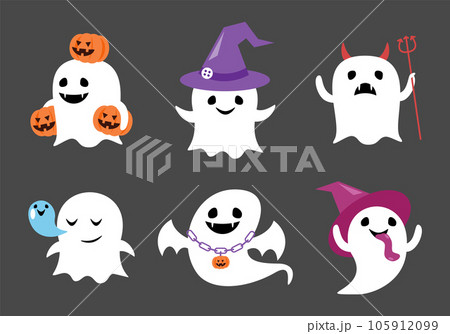 Set of soul ghost with halloween costume . Cartoon characters . Flat design . Vector . 105912099