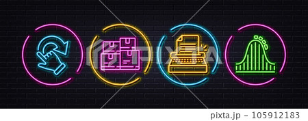 Wholesale inventory, Typewriter and Rotation gesture minimal line icons. Neon laser 3d lights. Roller coaster icons. For web, application, printing. Warehouse parcel, Writer machine, Undo. Vector Wholesale inventory, Typewriter and Rotation gesture minimal line icons. Neon laser 3d lights. Roller coaster icons. For web, application, printing. Warehouse parcel, Writer machine, Undo. Vector 105912183
